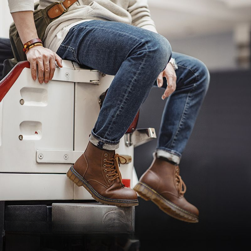 (軟皮)馬丁靴男中幫加絨雪地靴子黑色高幫棉鞋休閒軟皮工裝