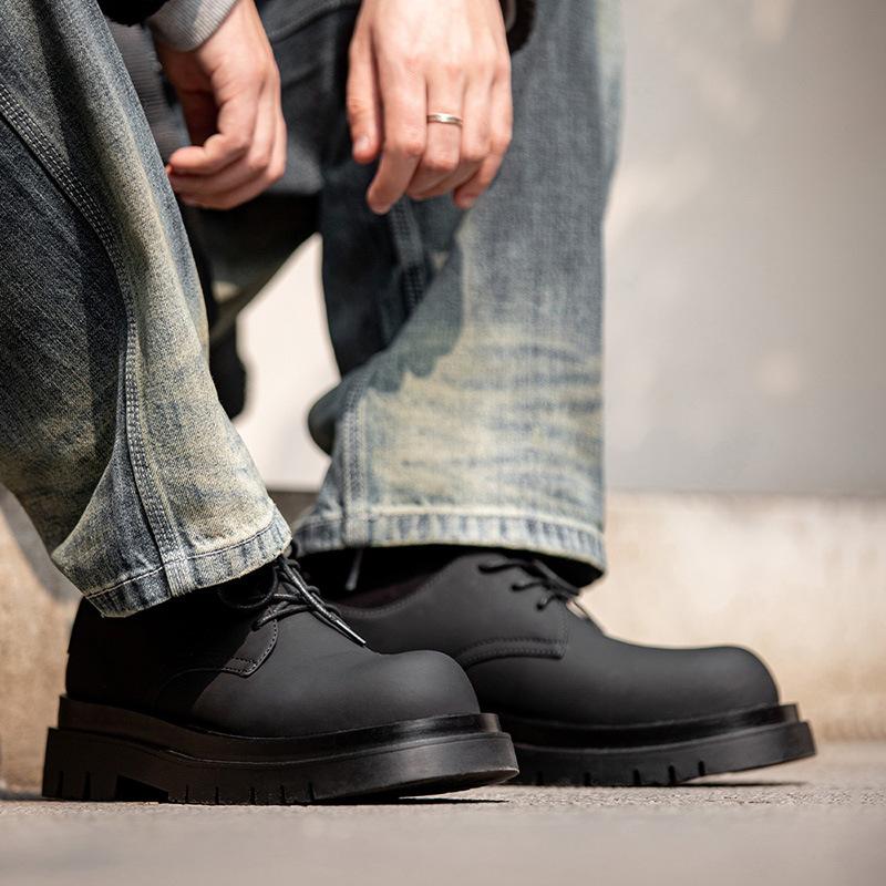 Mr.A德比鞋男高級感百搭通勤真皮圓頭大頭鞋黑色vibe厚底休閑皮鞋-Retro's Wear