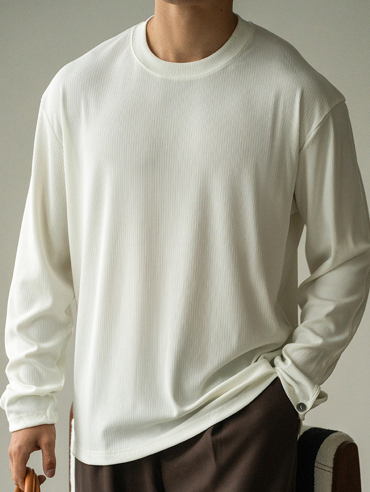 垂感肌理感條紋襯衫袖圓領長袖T恤男士春季新款休閒寬鬆打底