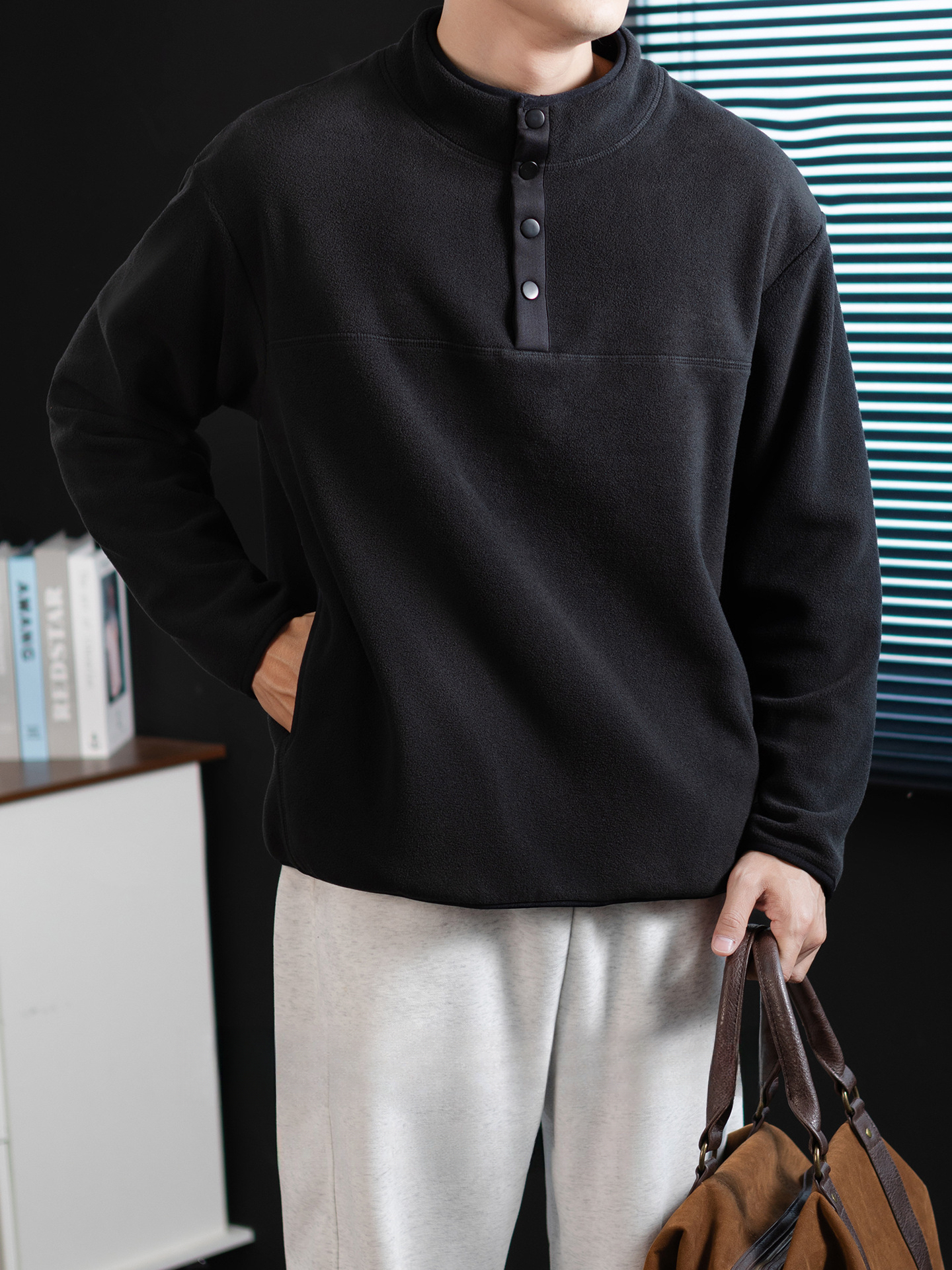 300G重磅搖粒絨半開襟亨利領衛衣男士高級感冬季保暖加絨加厚上衣