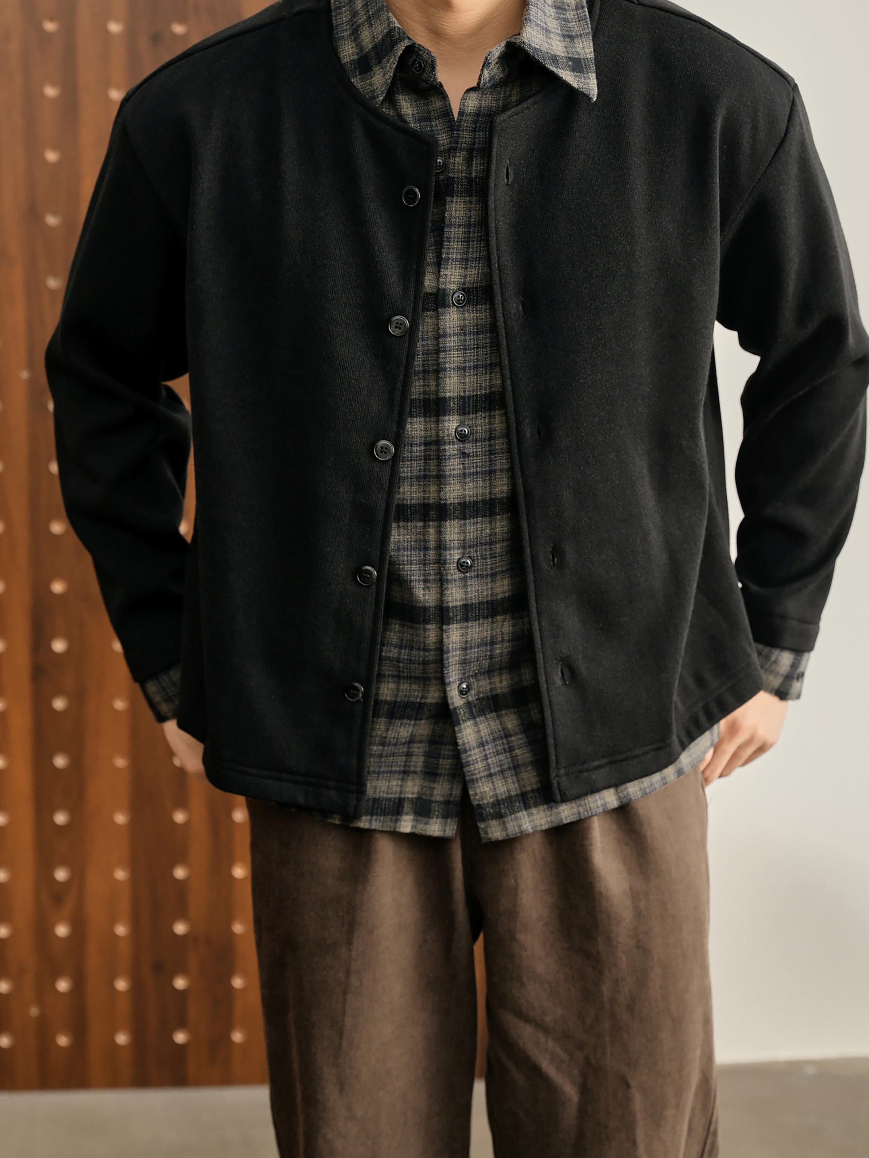 巴恩風假兩件格紋翻領針織外套開衫男100%純棉拼接雙領襯衫