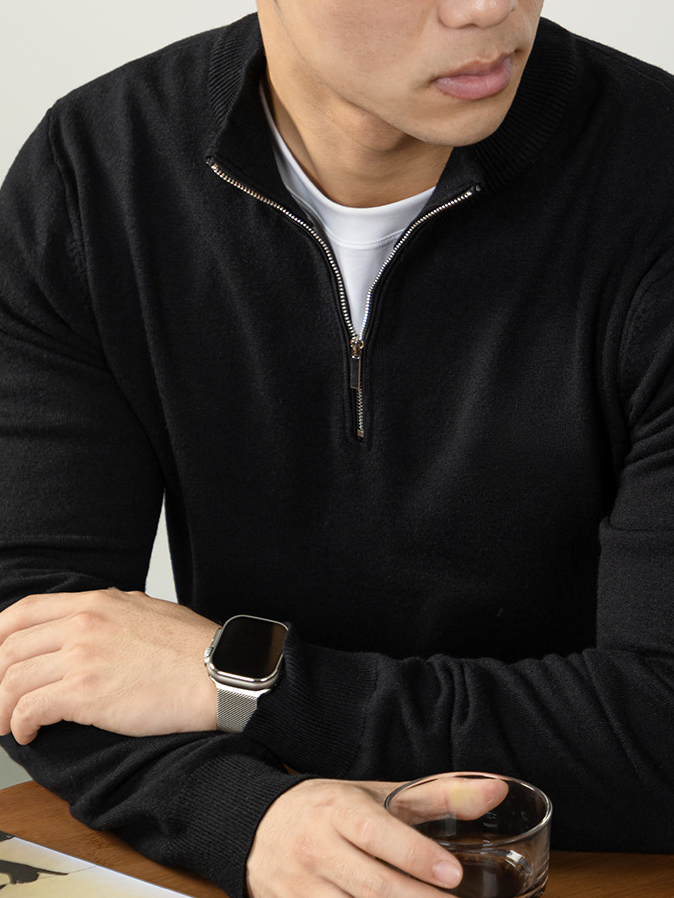 設計感半拉鍊毛衣| 秋冬立領厚款男士暖柔毛衣高級感針織羊毛衫