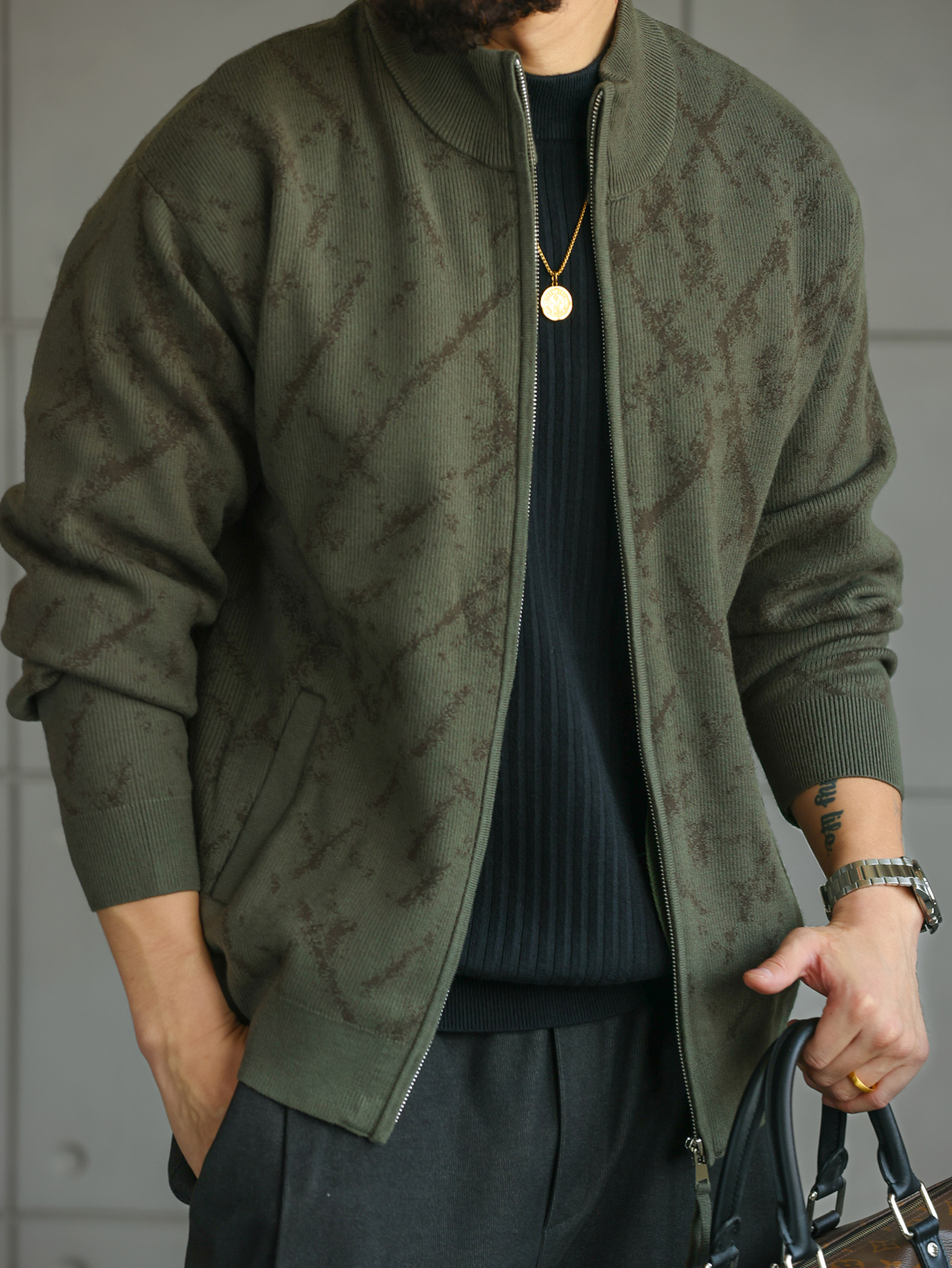 【智感鬆弛】精緻格調花紋針織開衫男士拉鍊外套立領毛衣