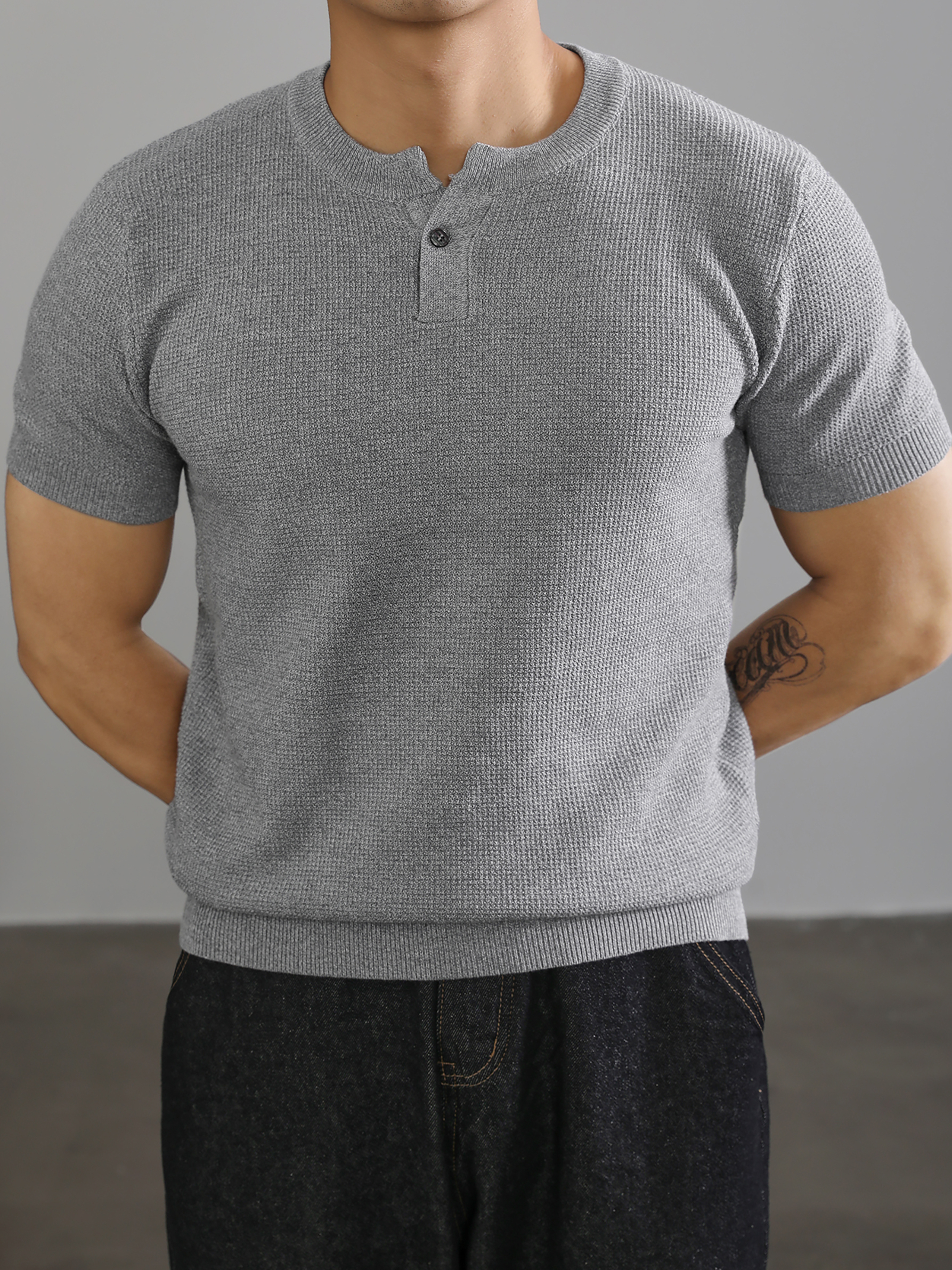 亨利領收袖短袖T恤針織衫男高級感針織肌理運動休閒體恤上衣