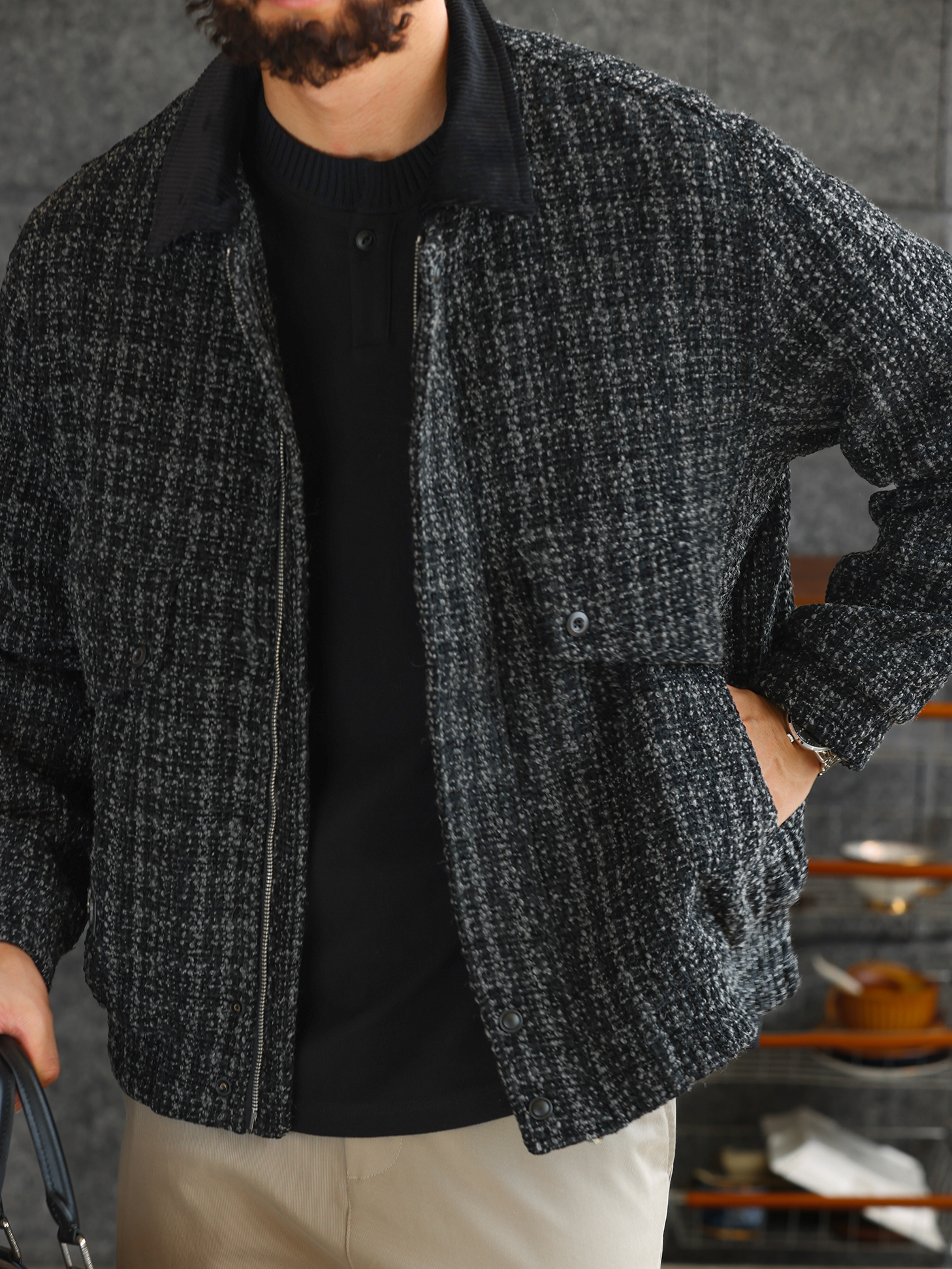 【羊毛工坊】高定花紗面料羊毛質感夾克男士休閒毛呢外套