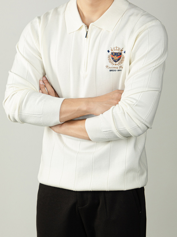 【古典徽章刺繡】輕奢男士豎紋羊毛針織衫半拉鍊保暖冬季休閒毛衣