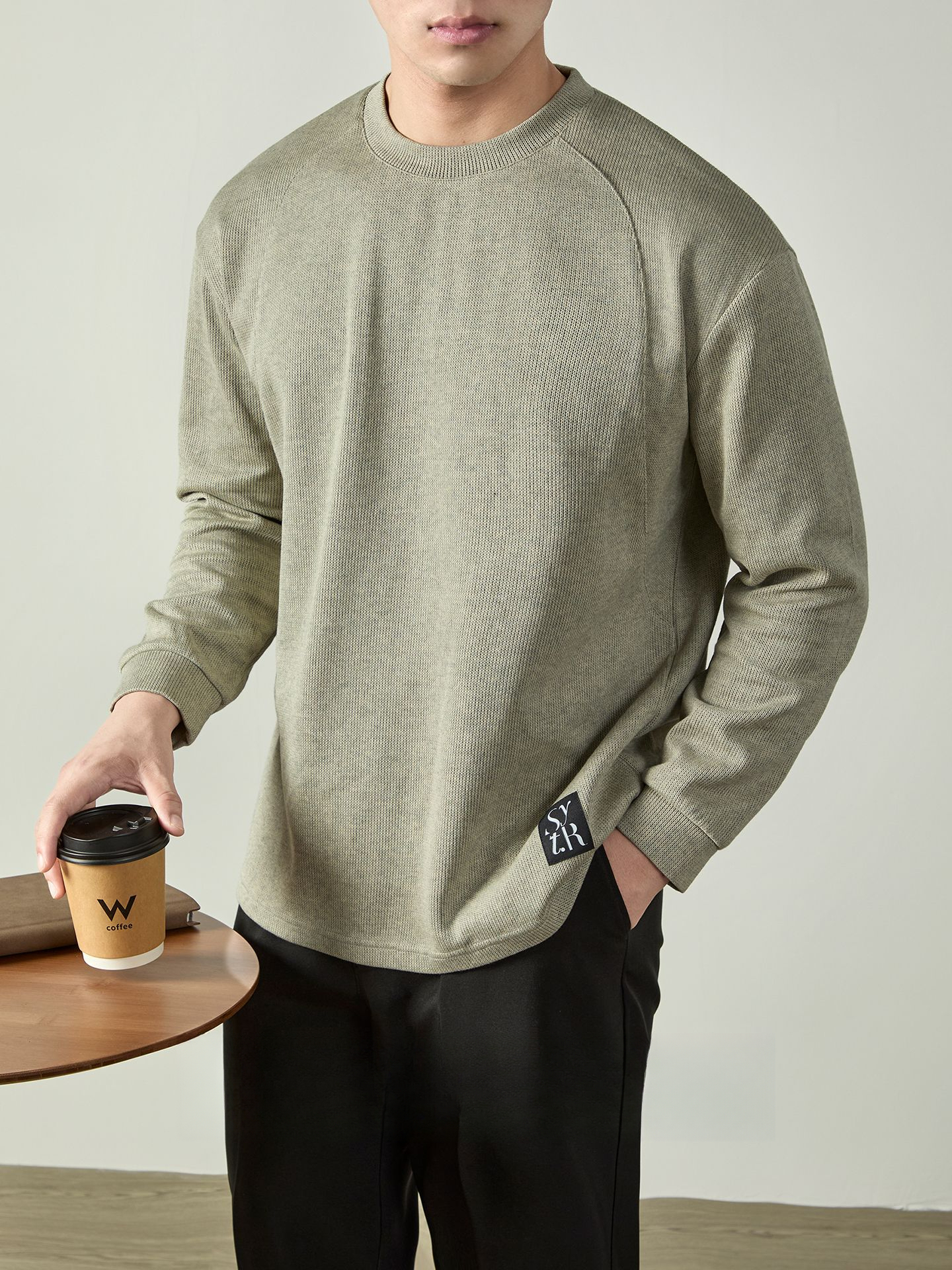 鬆弛感| 350G重磅麻花棉寬鬆長袖T恤男春秋時尚車標落肩衛衣