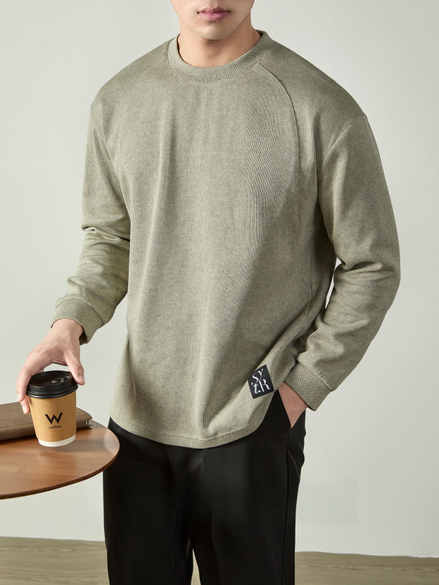 鬆弛感| 350G重磅麻花棉寬鬆長袖T恤男春秋時尚車標落肩衛衣