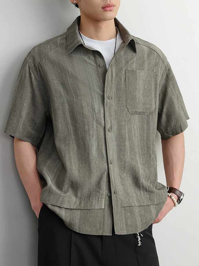 【萊賽爾亞麻】高端老錢美式復古條紋短袖襯衫男抗皺涼感開衫外套