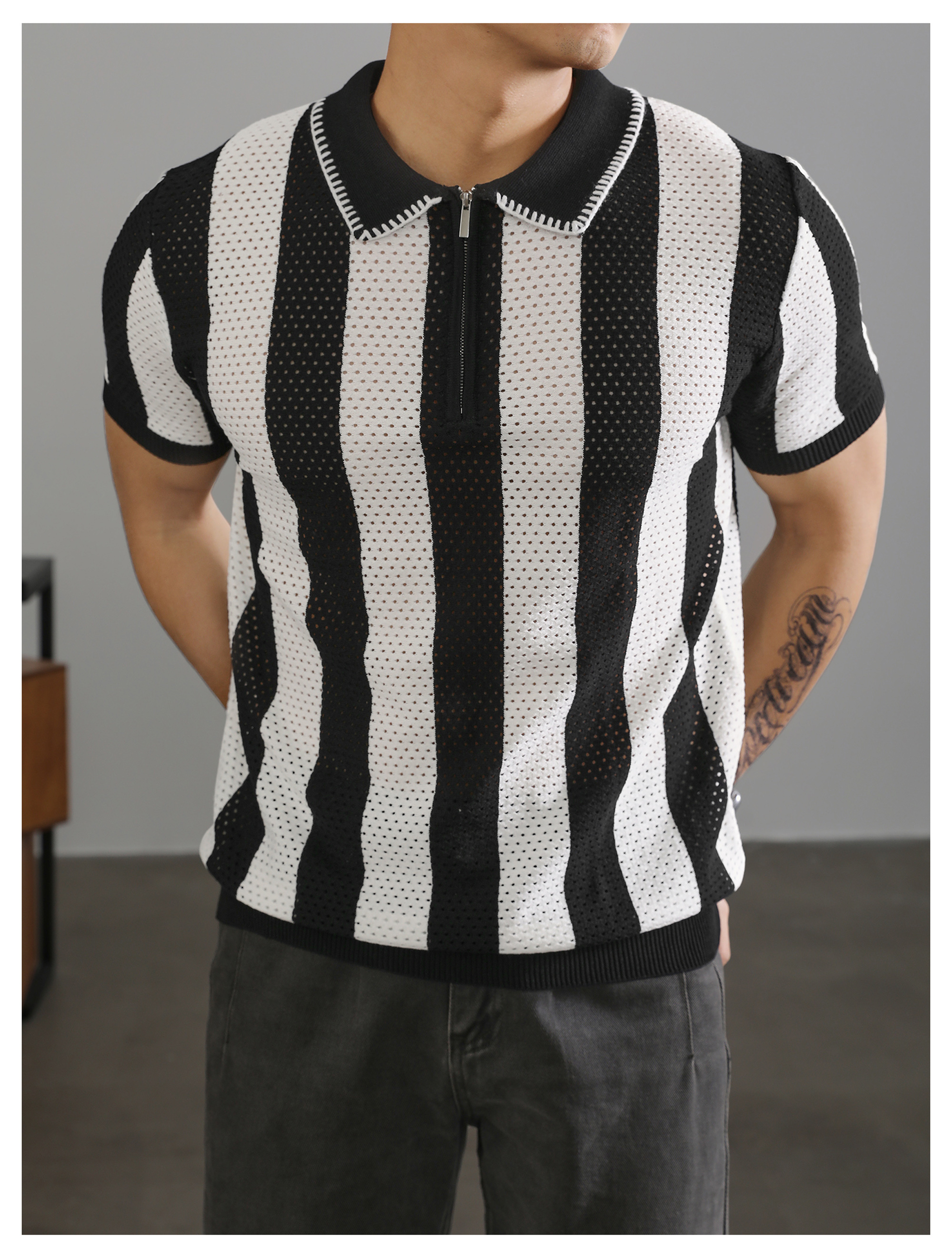 半拉鍊翻領polo衫短袖男士復古鏤空針織衫高級感潮牌保羅衫