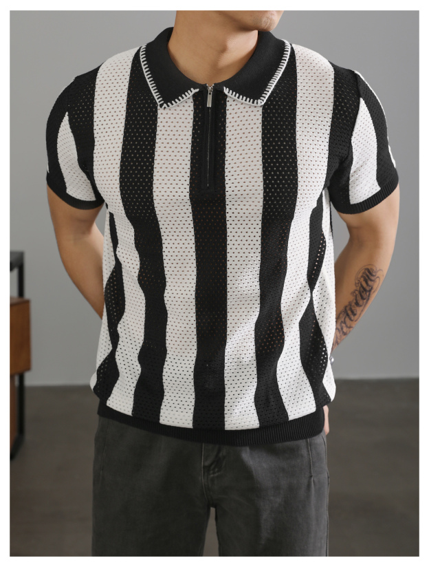 半拉鍊翻領polo衫短袖男士復古鏤空針織衫高級感潮牌保羅衫