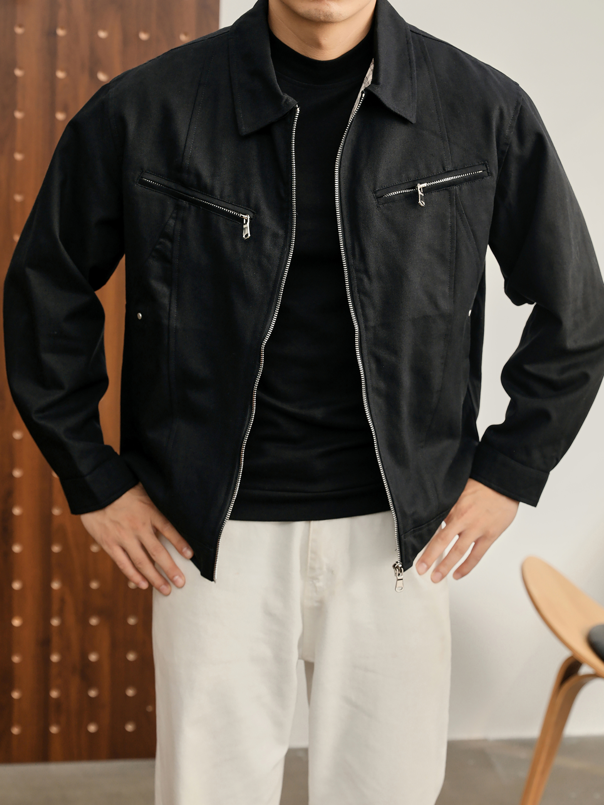 美拉德工裝哈靈頓短外套100%純棉復古拼接格紋帆布夾克男士