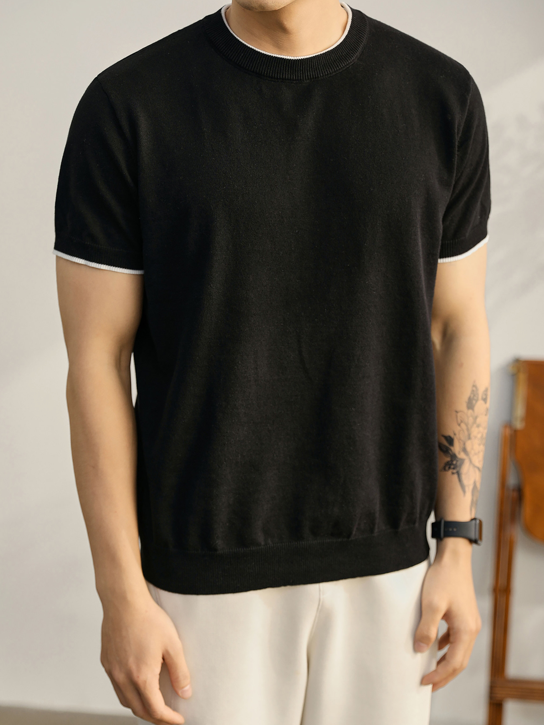 都市休閒圓領針織短袖男士簡約百搭上衣舒適親膚棉修身T恤