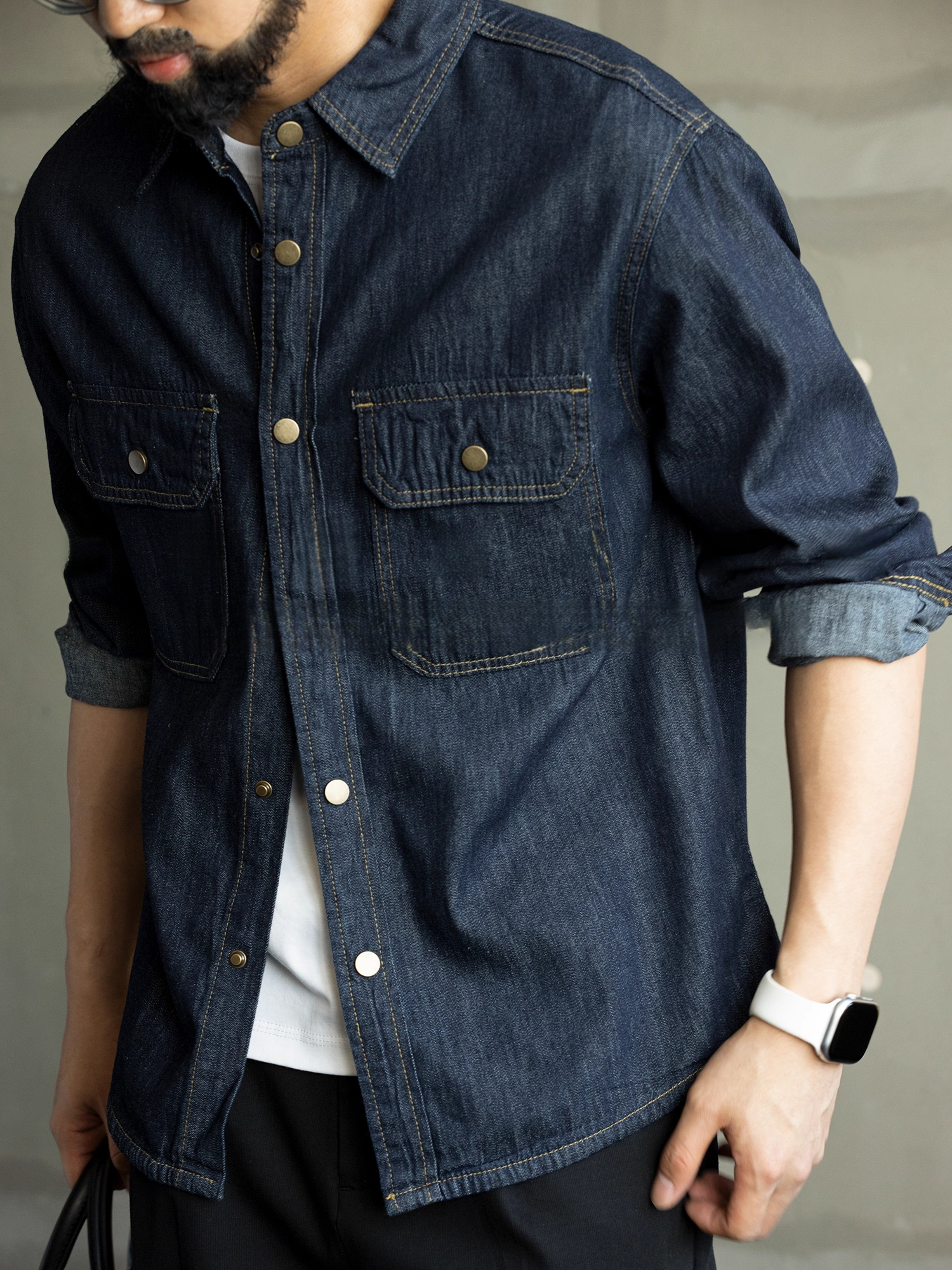 秋季新款原色水洗復古牛仔長袖襯衫男士寬鬆純棉高級簡約襯衣外套