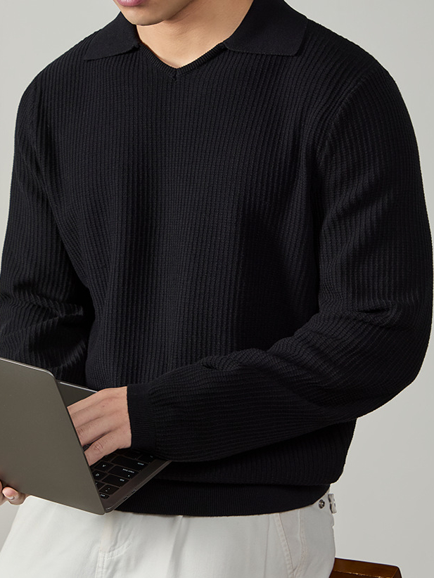 輕奢雙股針織衫V型翻領套頭毛衣男士秋冬保暖高級坑條肌理POLO衫