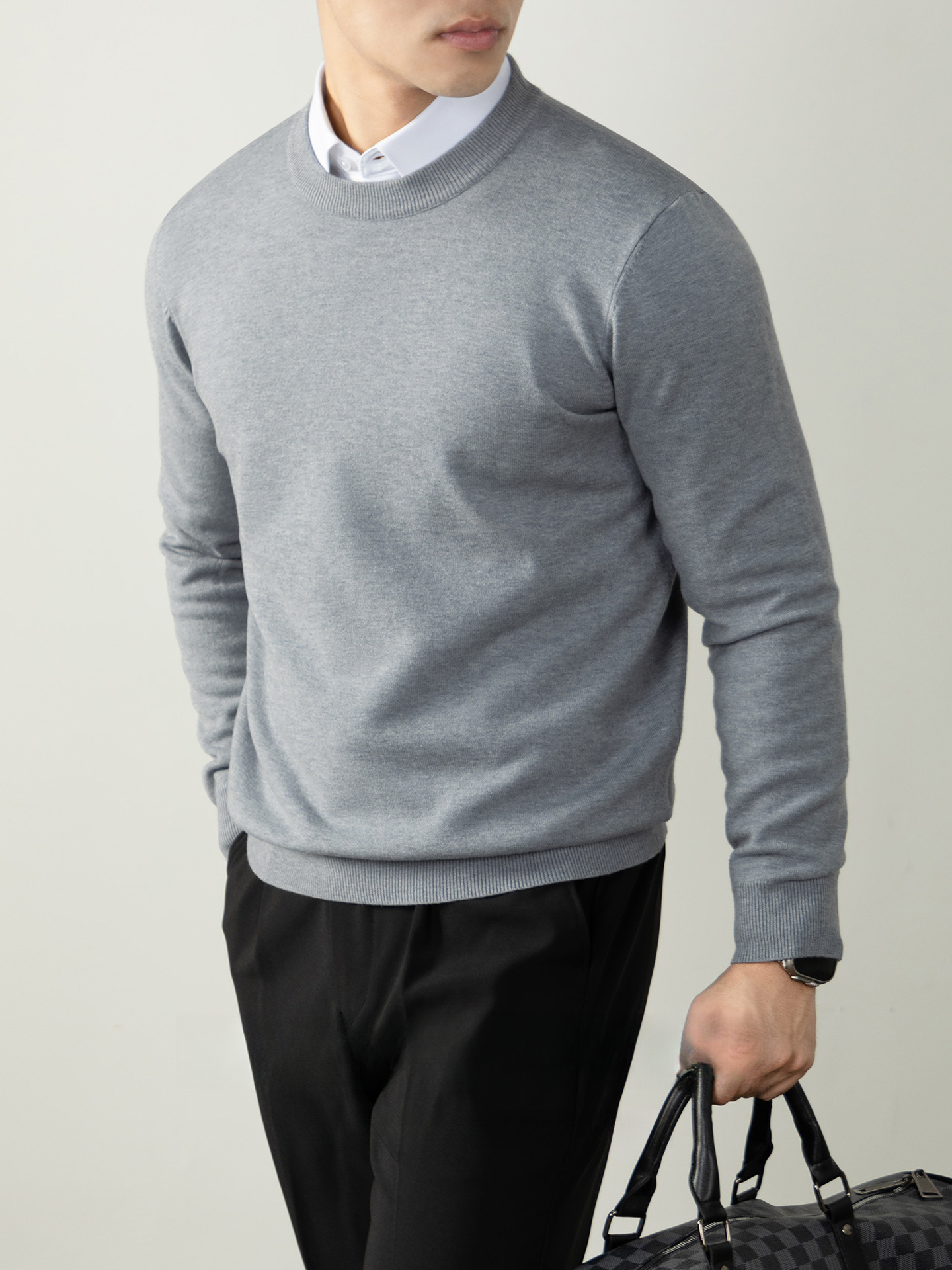 暖柔羊毛莫代爾混紡秋冬保暖舒適圓領男士針織毛衣高級感