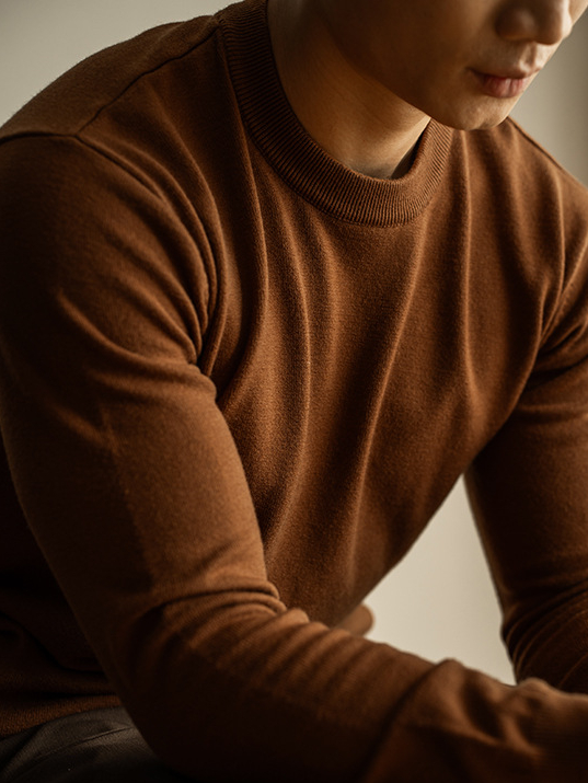 天絲羊毛純色針織衫秋冬新款圓領長袖毛衣男保暖內搭打底衫