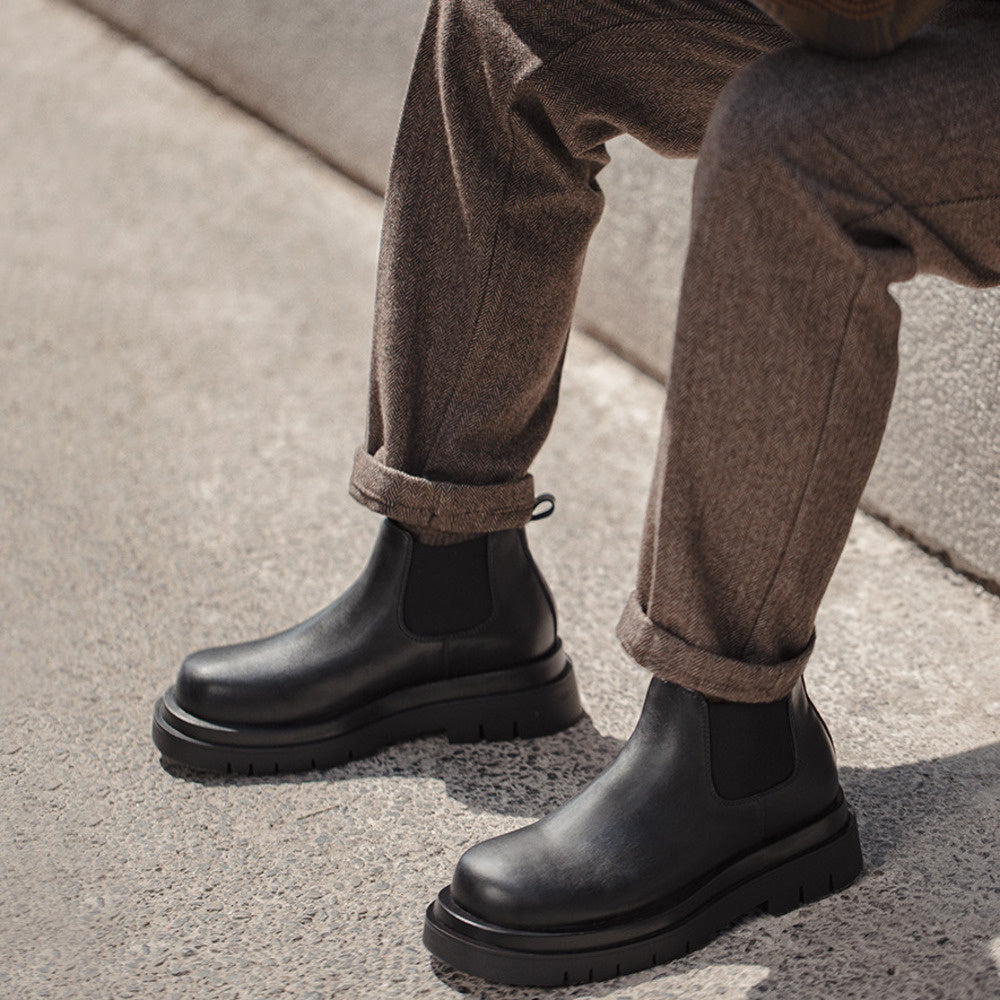 切爾西靴男款夏季一脚蹬厚底休閒黑色真皮短靴子方頭馬丁靴-Retro's Wear