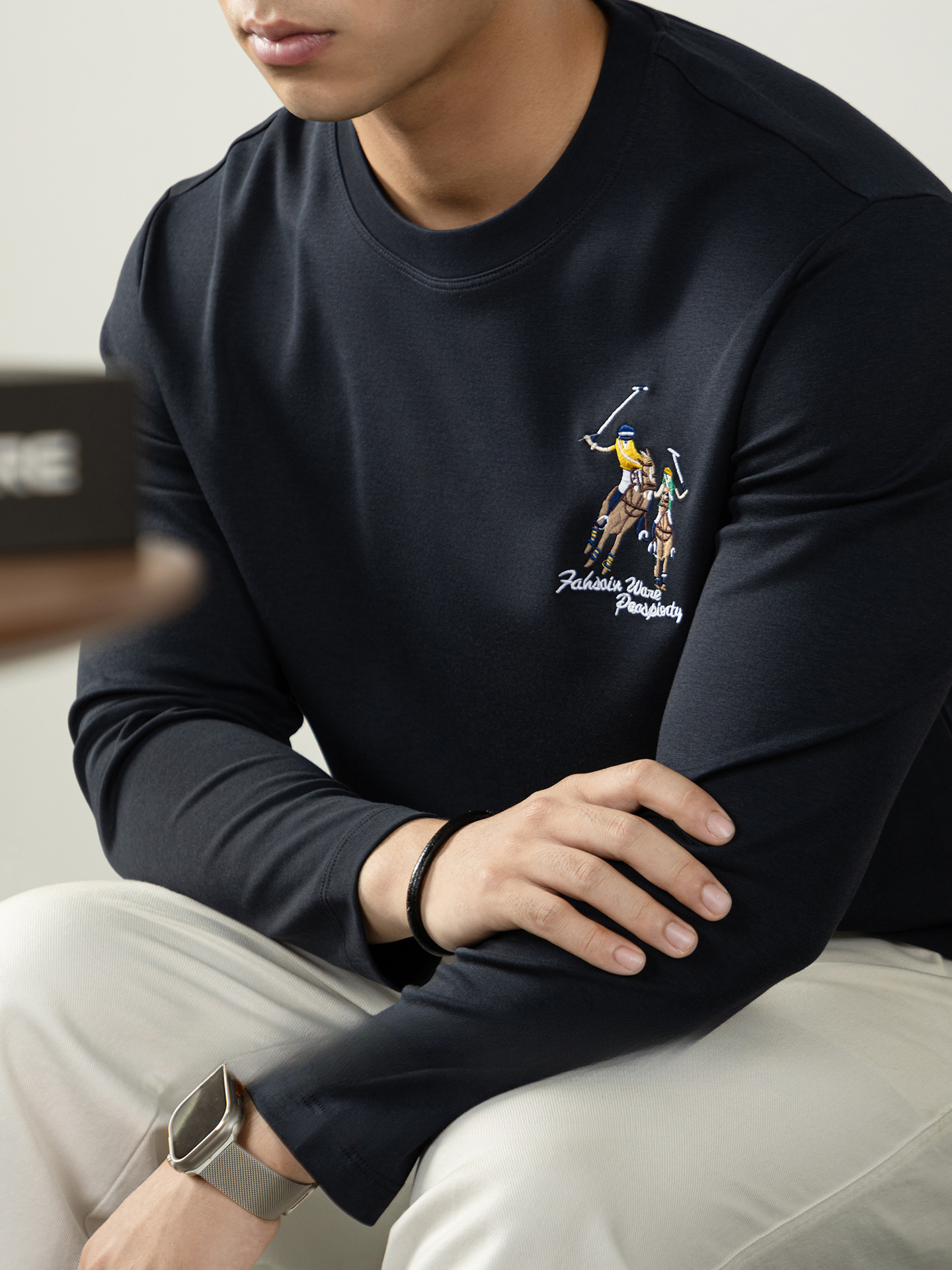 【古典馬球運動刺繡】高級感60S絲光親膚莫代爾棉圓領T桖長袖秋季