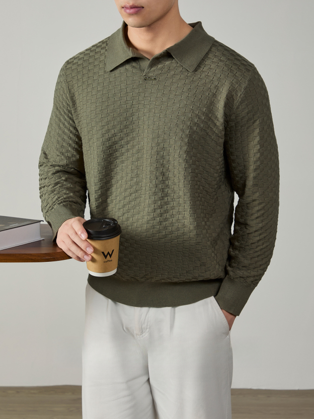 【雅痞紳士風】海鷗領提花肌理保暖針織衫冬季時尚商務休閒毛衣男