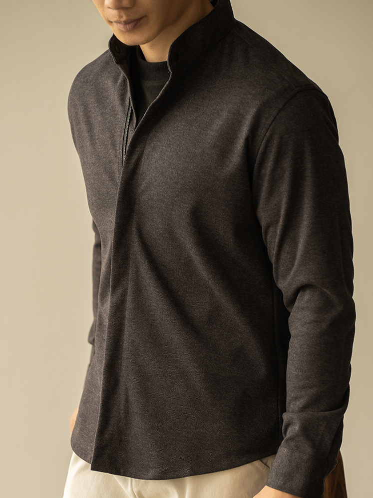 輕商務毛呢拉鍊長袖襯衫男士青年秋冬季新款修身休閒外套