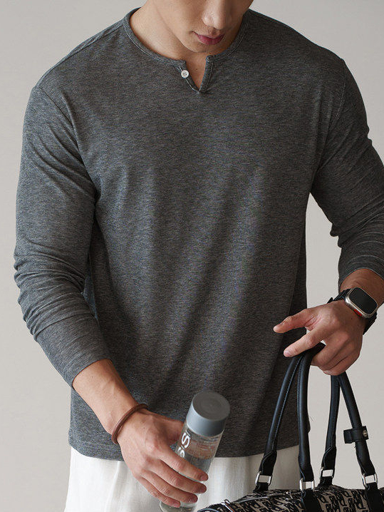 萊賽爾混紡小V領半開襟長袖T恤男士2026春季新款雲感親膚上衣