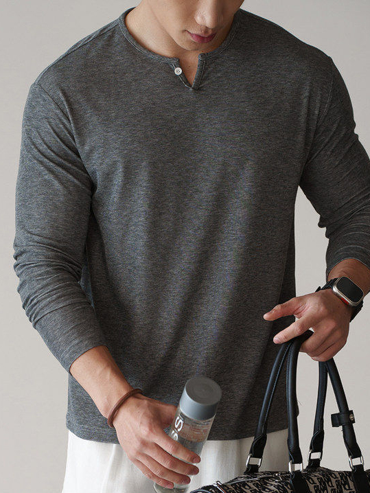 萊賽爾混紡小V領半開襟長袖T恤男士2026春季新款雲感親膚上衣