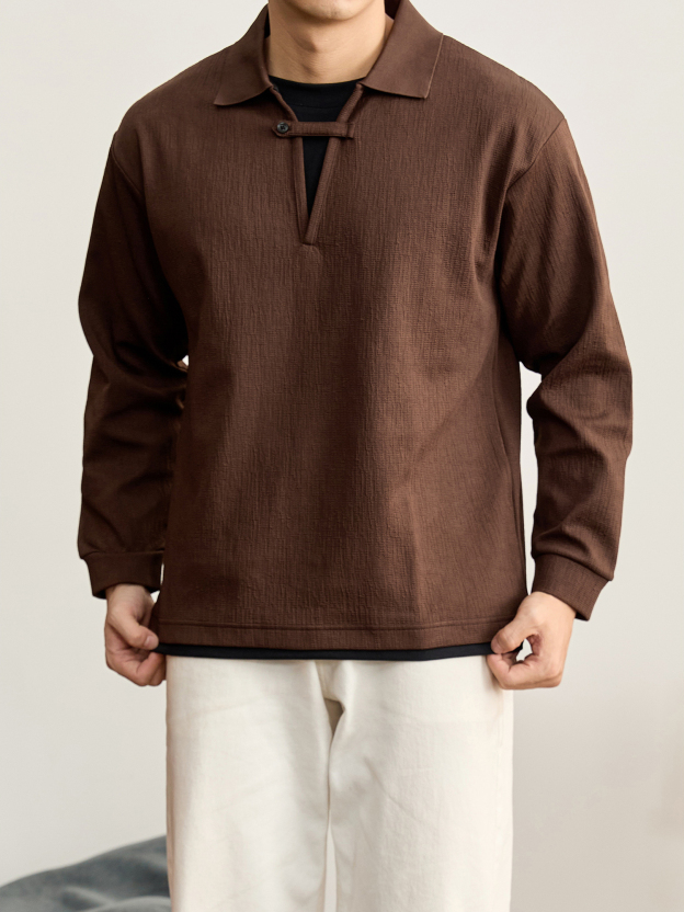 假兩件紐扣拼接帶V型POLO領長袖男士微皺泡泡肌理感針織衛衣