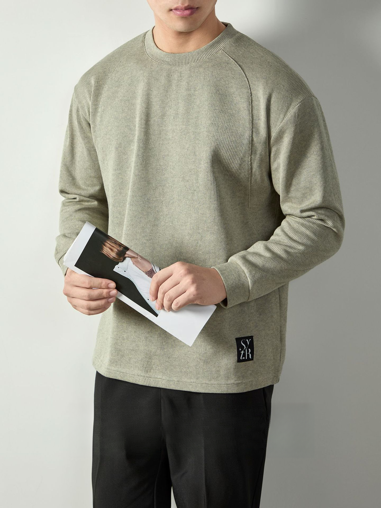 鬆弛感| 350G重磅麻花棉寬鬆長袖T恤男春秋時尚車標落肩衛衣