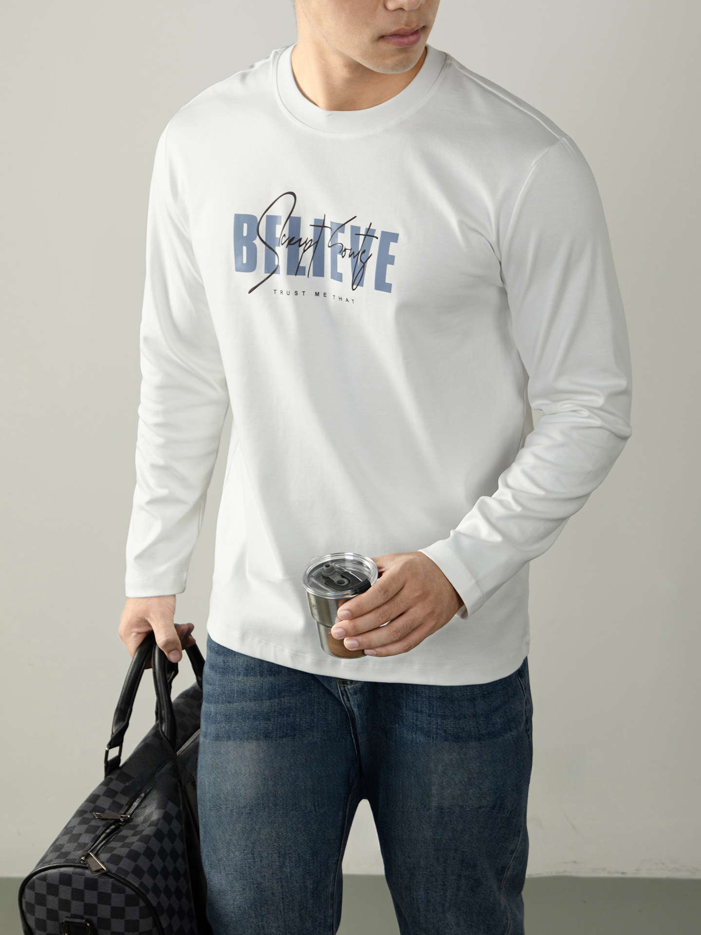 270G雙面液氨絲光棉長袖T恤男士潮流高端3D燙花秋冬休閒打底上衣