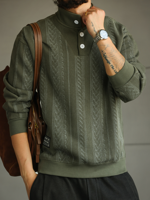 【南法時光】設計感半排扣立領POLO衫男寬鬆休閒套頭衛衣