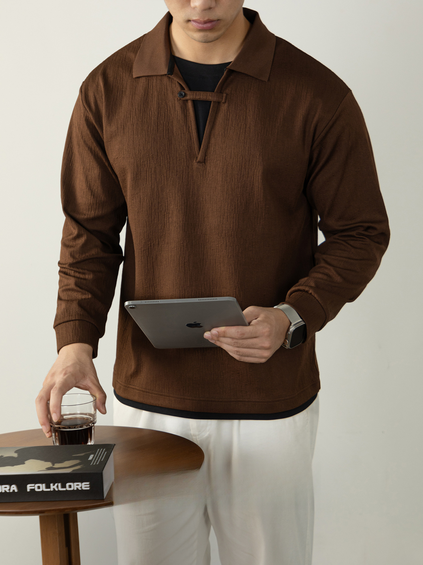 【高智感•假兩件】 褶皺肌理長袖POLO衫男士商務休閒搭扣設計感