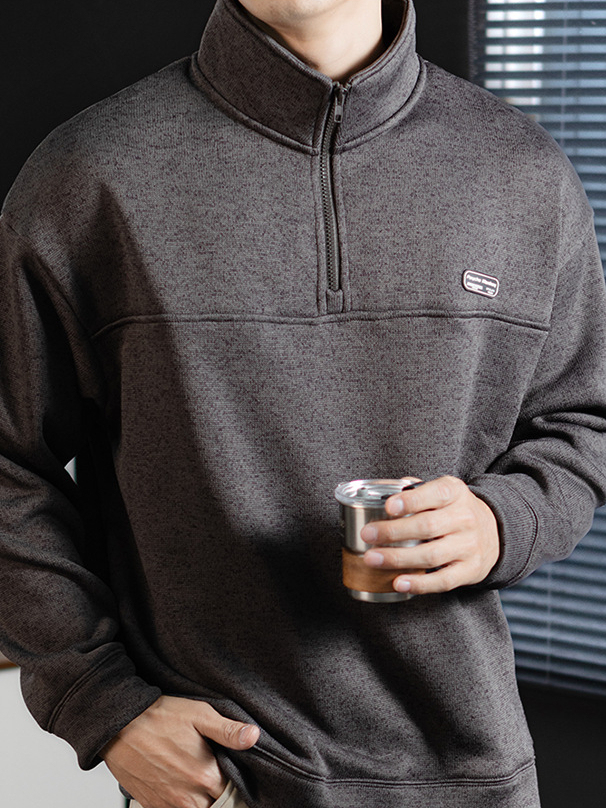 360G重磅加厚毛織絨半拉鍊立領衛衣男老錢風冬季保暖拼接設計上衣