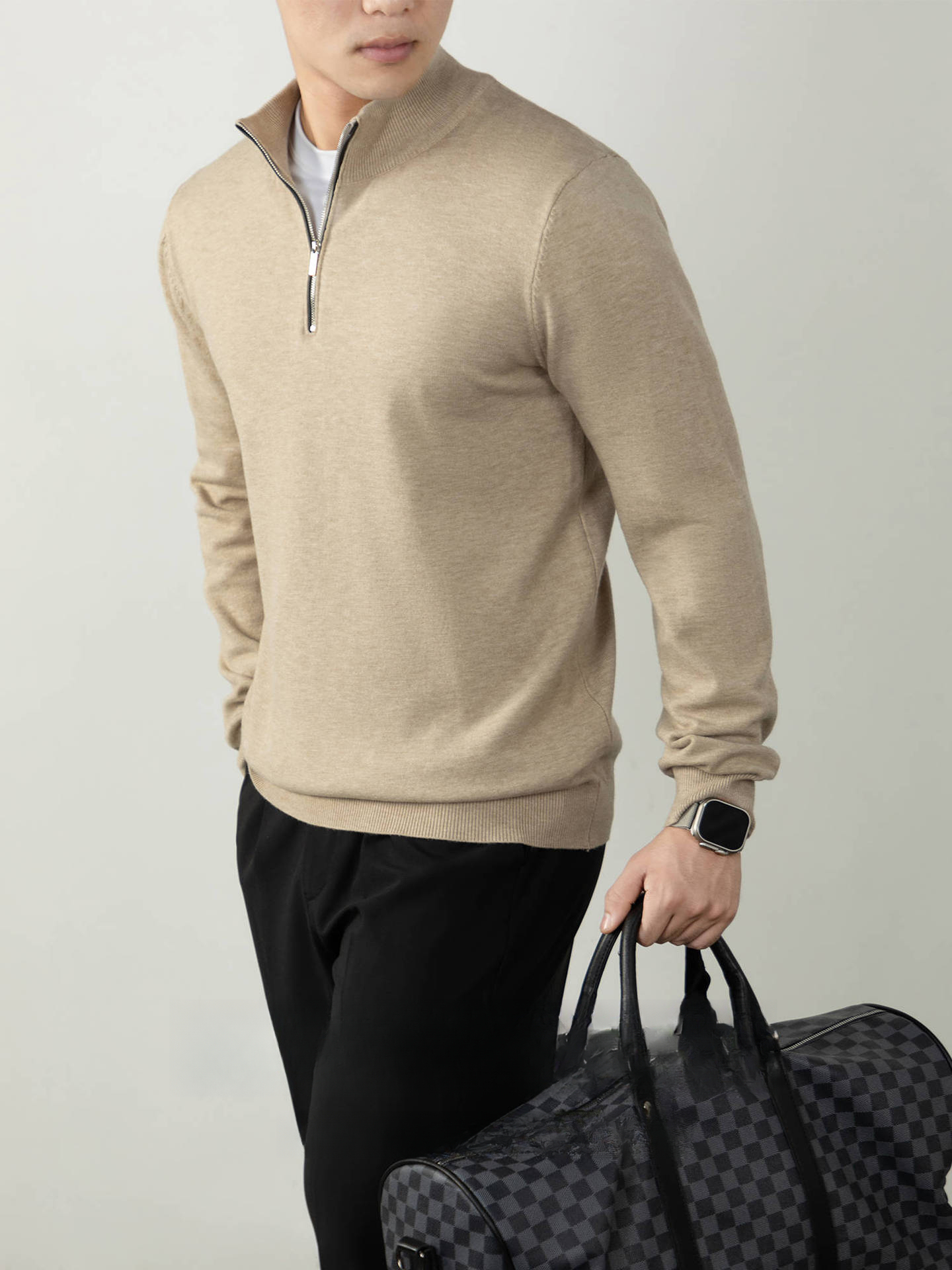 設計感半拉鍊毛衣| 秋冬立領厚款男士暖柔毛衣高級感針織羊毛衫