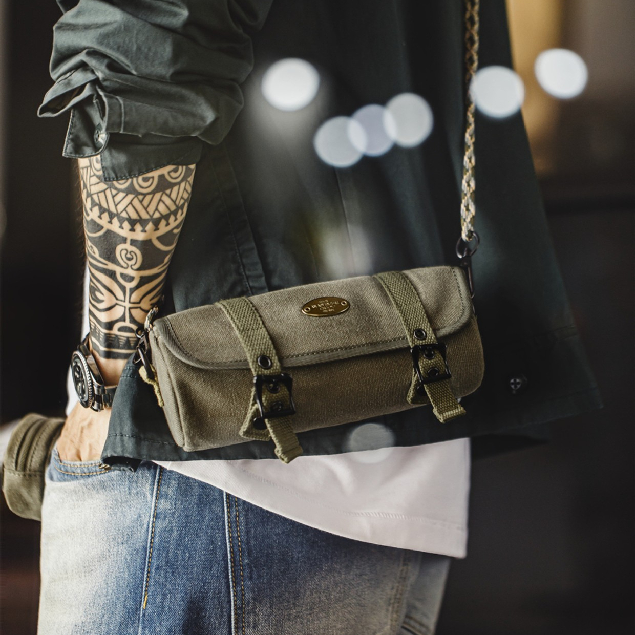 美式復古帆布圓筒包隨身包通勤小包斜跨包包子母零錢包男