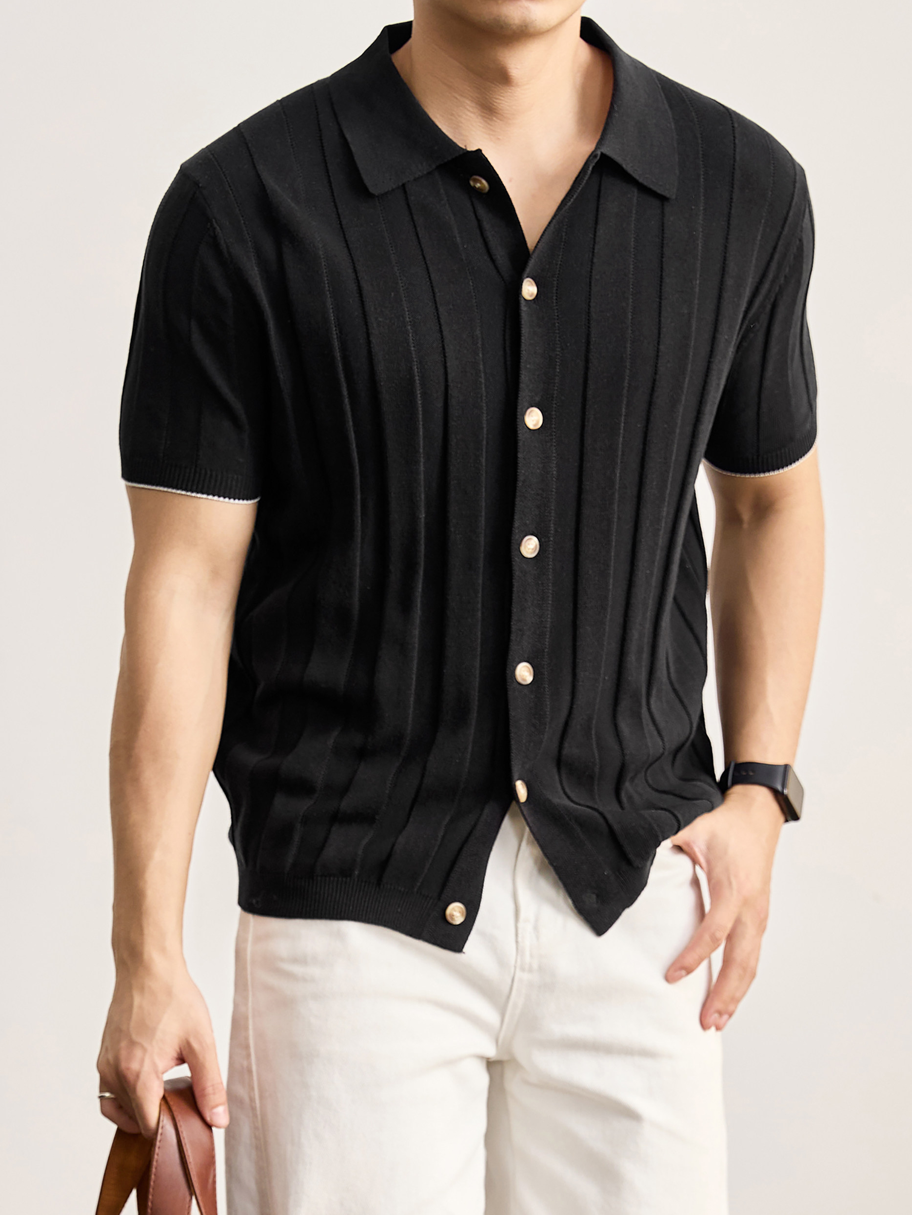 豎坑條鏤空挑孔POLO領針織開衫夏季天絲萊賽爾亞麻短袖襯衣