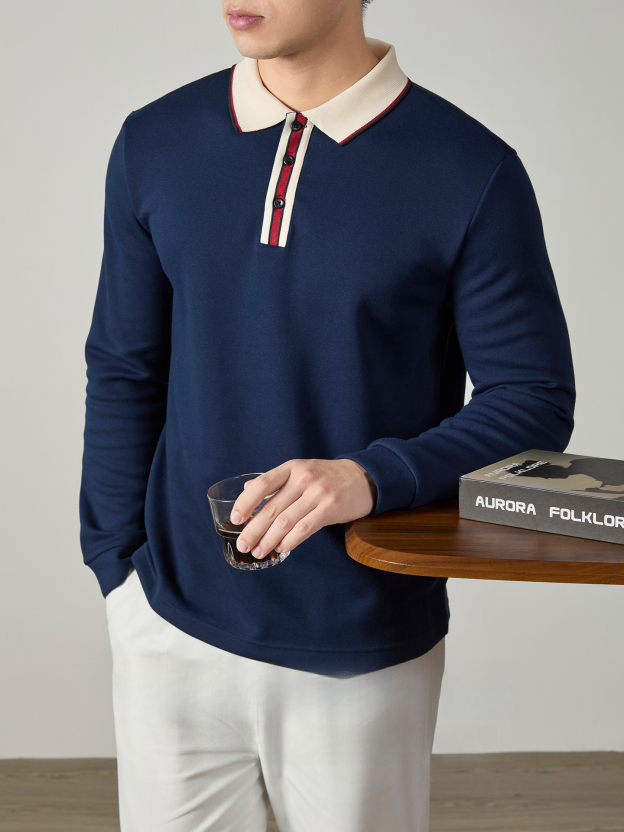 【隱奢格調】雙面珠地棉撞色紐扣長袖POLO衫男士高端商務親肌透氣