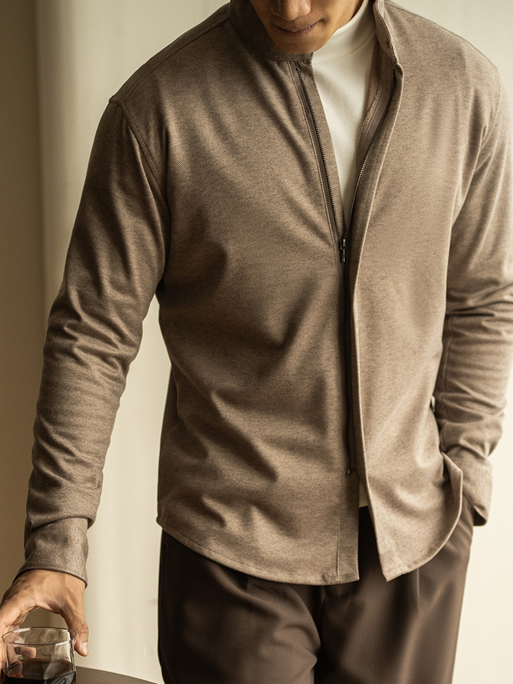 輕商務毛呢拉鍊長袖襯衫男士青年秋冬季新款修身休閒外套