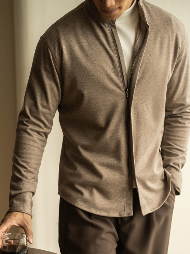 輕商務毛呢拉鍊長袖襯衫男士青年秋冬季新款修身休閒外套