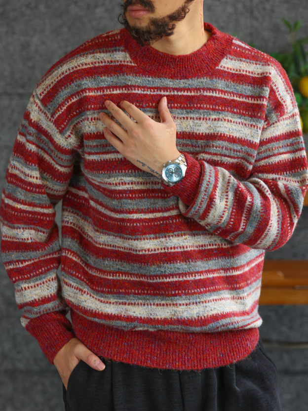 【冬牧場】質感條紋圓領毛衣男士秋冬慵懶休閒打底針織衫