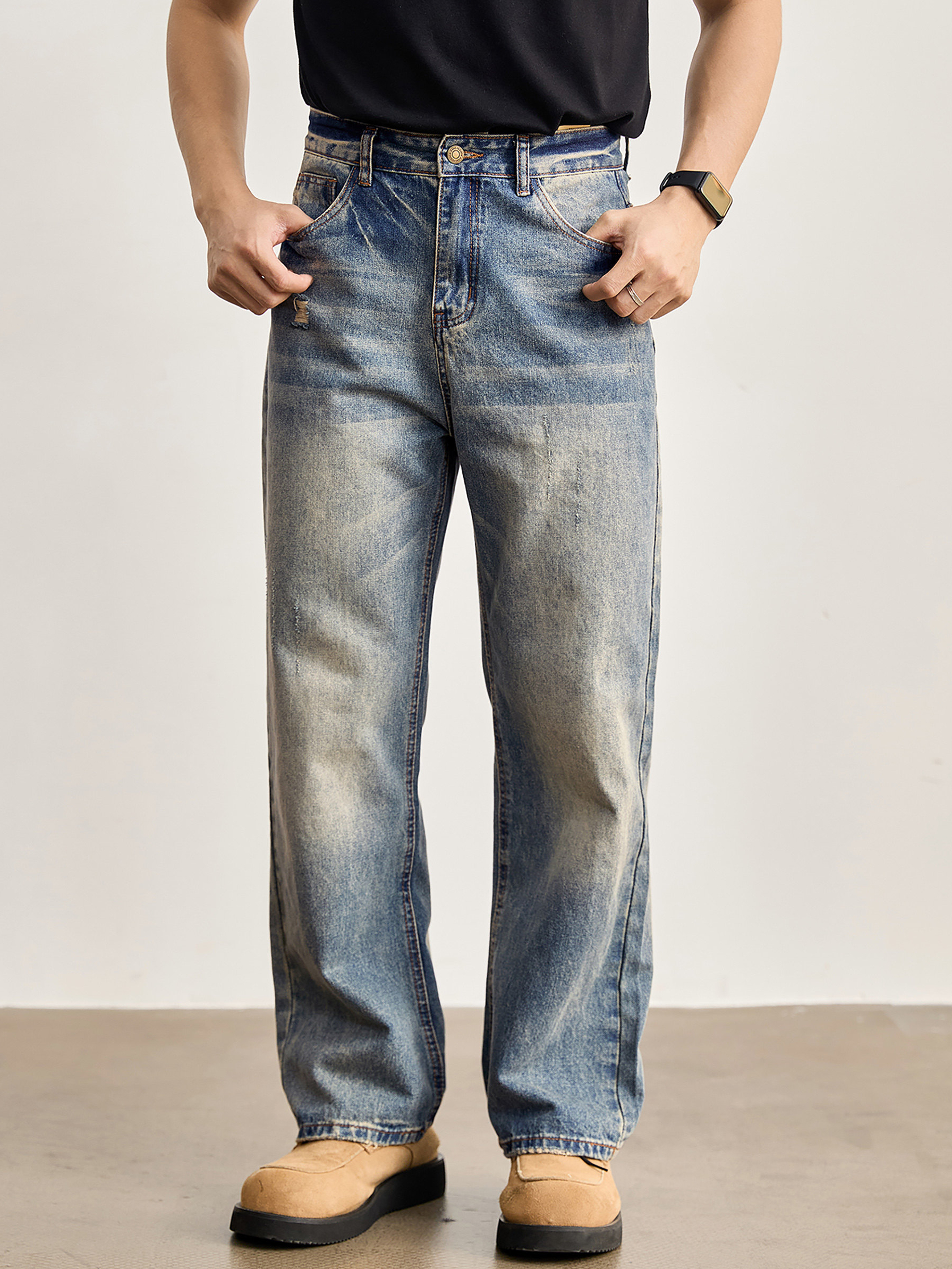 做舊水洗磨白貓須刮破牛仔褲男直筒微錐版型cleanfit長褲子