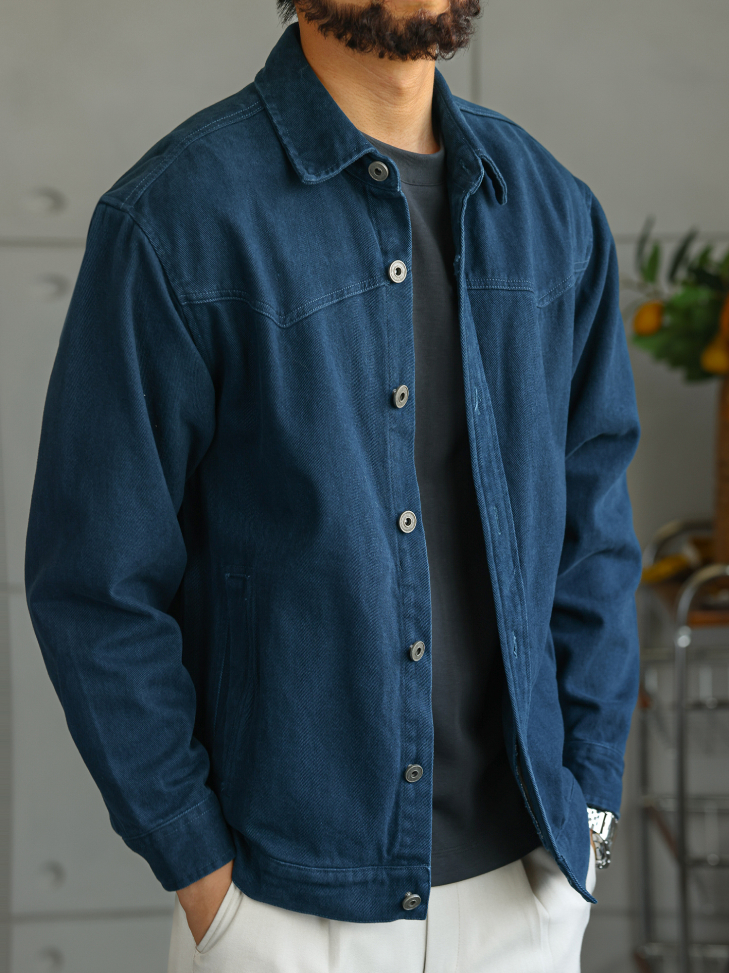 【多瑙河畔】法工藍水洗棉夾克男士秋季復古工裝外套上衣