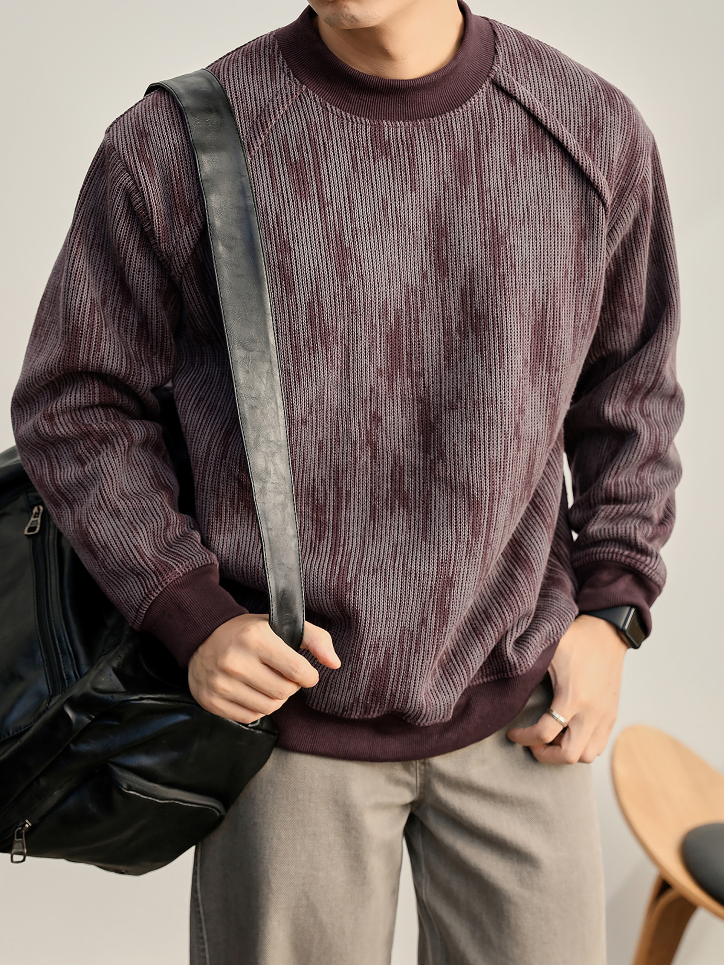 美式復古漸變斑駁感圓領衛衣男珠地蜂窩網重磅420g針織上衣