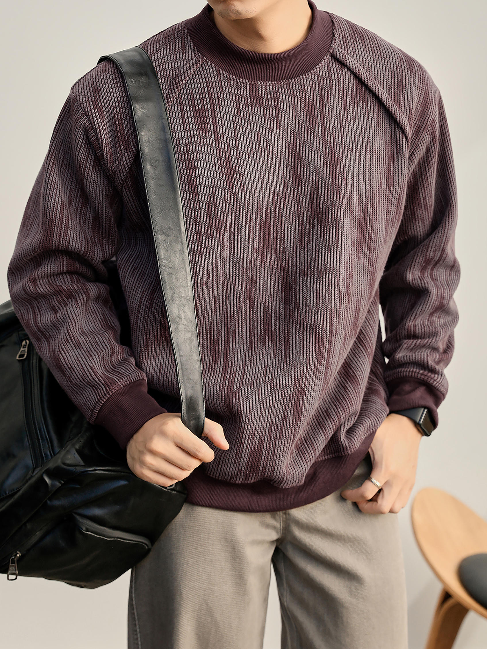 美式復古漸變斑駁感圓領衛衣男珠地蜂窩網重磅420g針織上衣