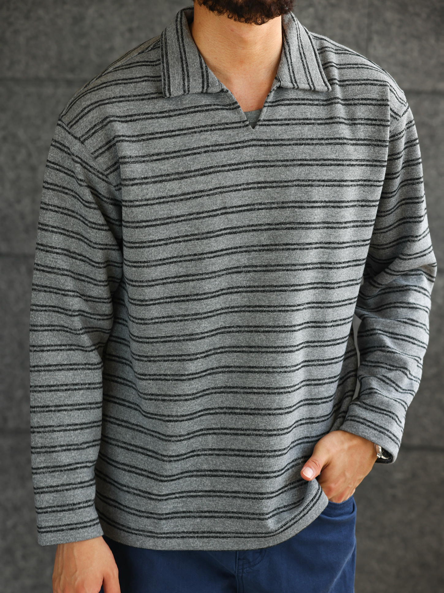 【雲感生活】花紗織造條紋V領POLO衫男抗皺打底衫長袖T恤