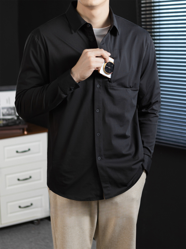 【都市通勤】米通格肌理高彈抗皺長袖襯衫男輕商務襯衣速幹春秋季