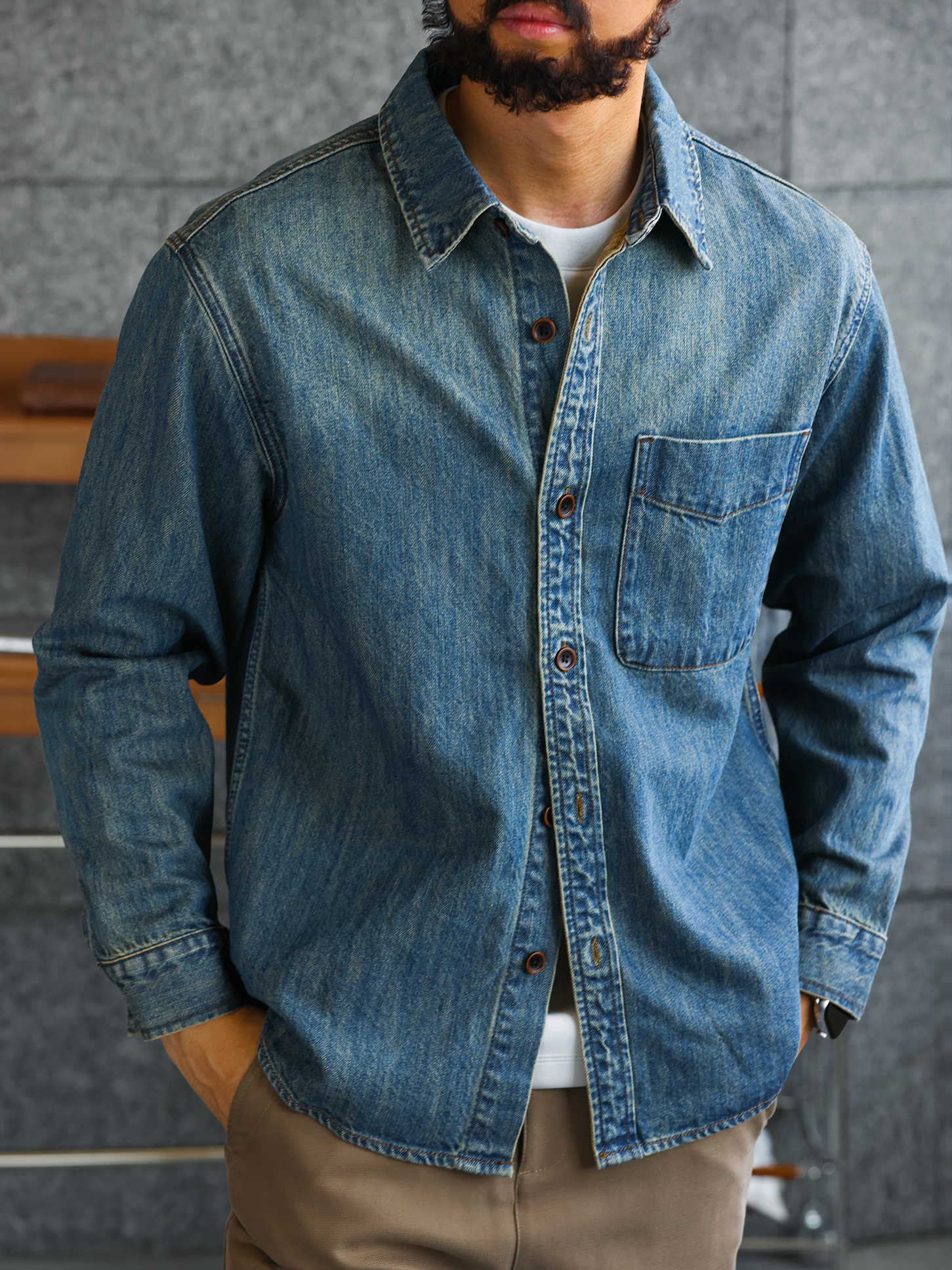 【純棉丹寧】復古長袖牛仔襯衫男100%長絨棉休閒襯衣外套