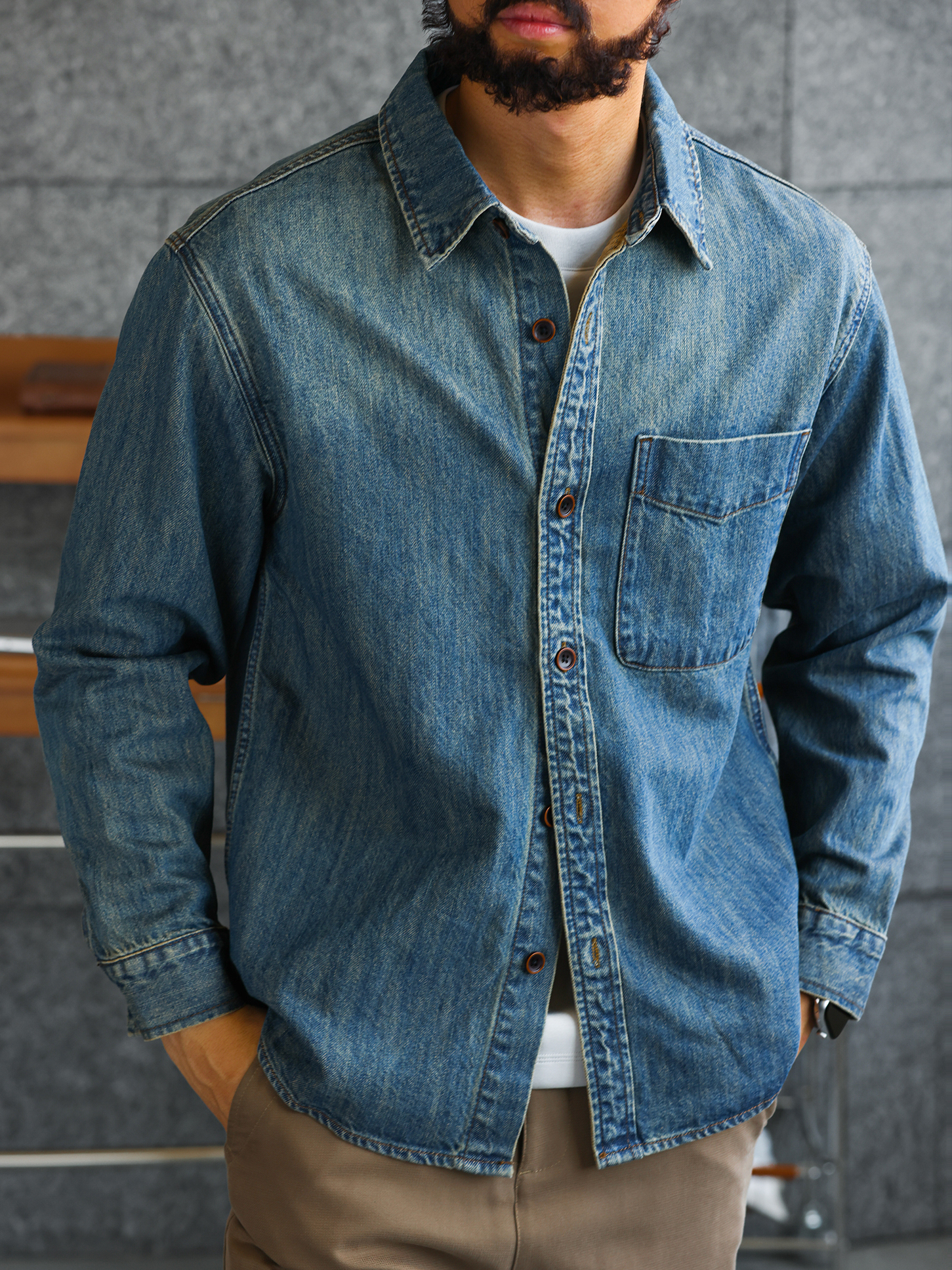 【純棉丹寧】復古長袖牛仔襯衫男100%長絨棉休閒襯衣外套