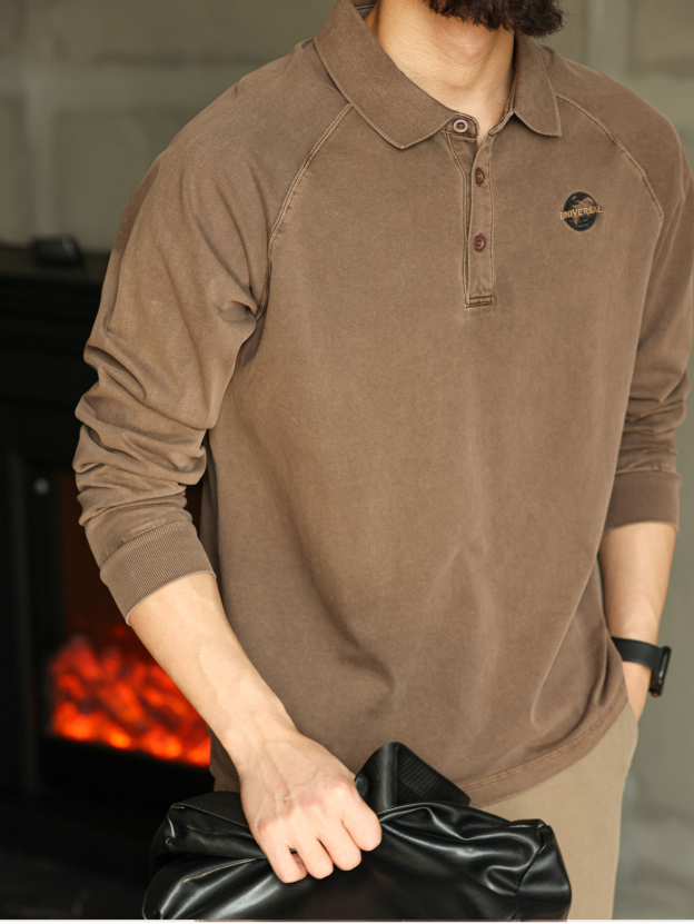 美式復古重磅250g洗水做舊長袖t恤男寬鬆插肩針織polo衫刺繡新款