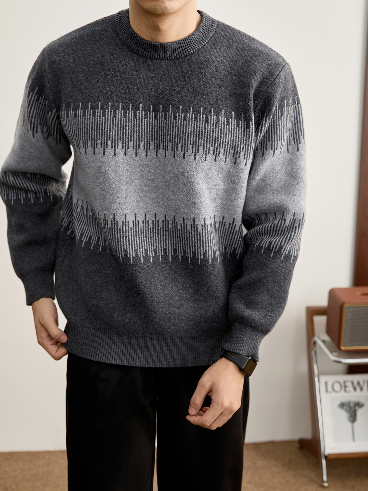 高克重750g個性酷潮圓領長袖針織衫男冬聲波狀紋理撞色毛衣